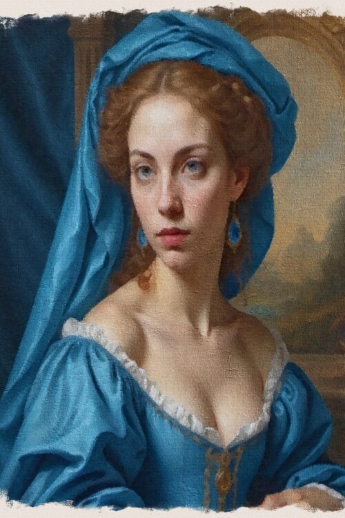 Renaissance art painting a female with blue outfit and scarf.