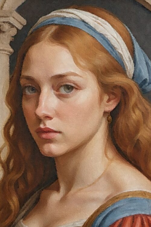 Renaissance art oil painting of closeup woman face