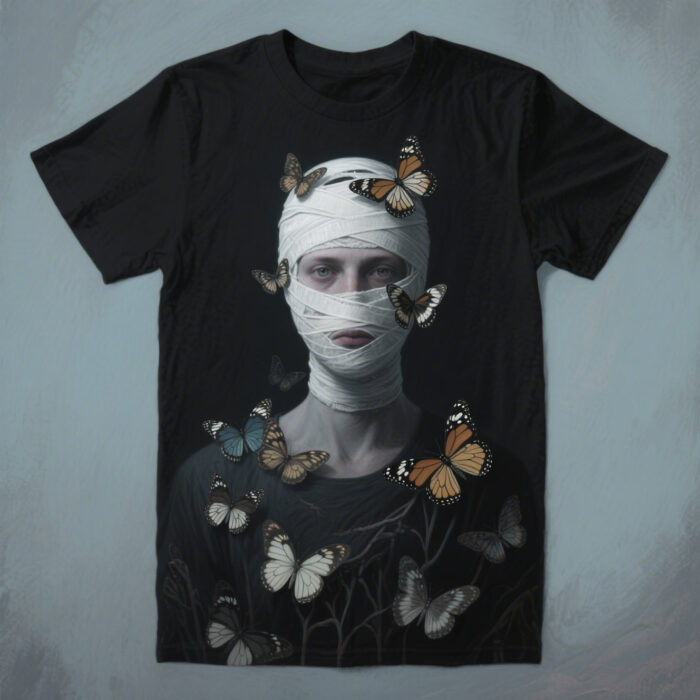 Silent Metamorphosis – Wrapped Head & Butterfly Surreal T-Shirt